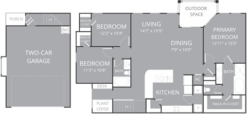 Floor plan for 3 beds, 2 baths, 1579 sqft